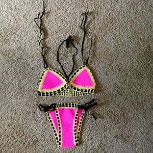 Strappy Halter Crochet Trimmed Neoprene Swimsuit